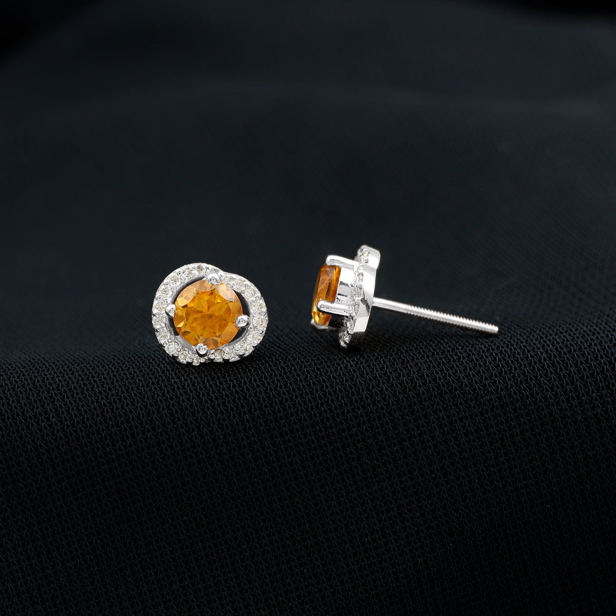 Round Citrine and Diamond Stud Earrings
