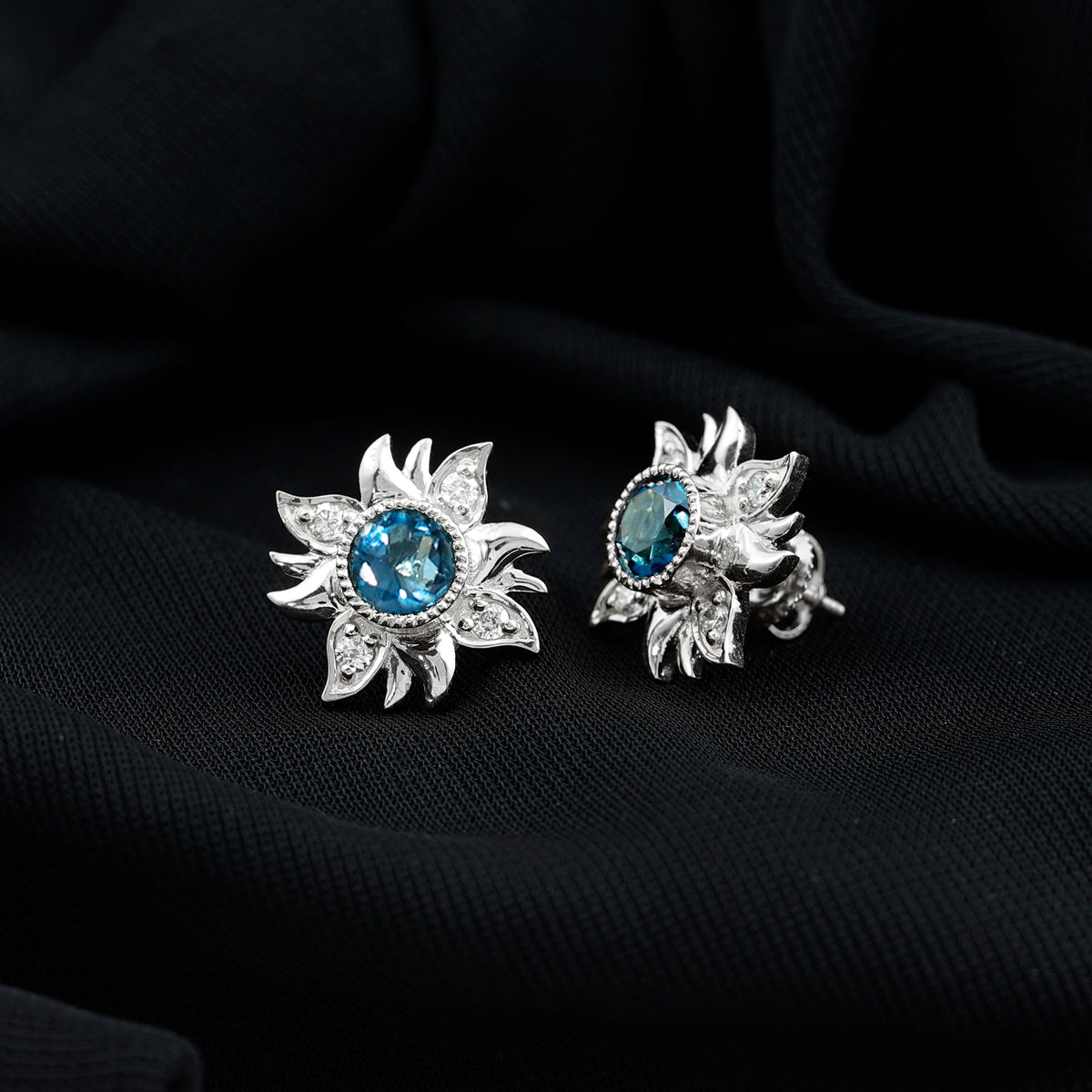 London Blue Topaz and Diamond Flower Stud Earrings