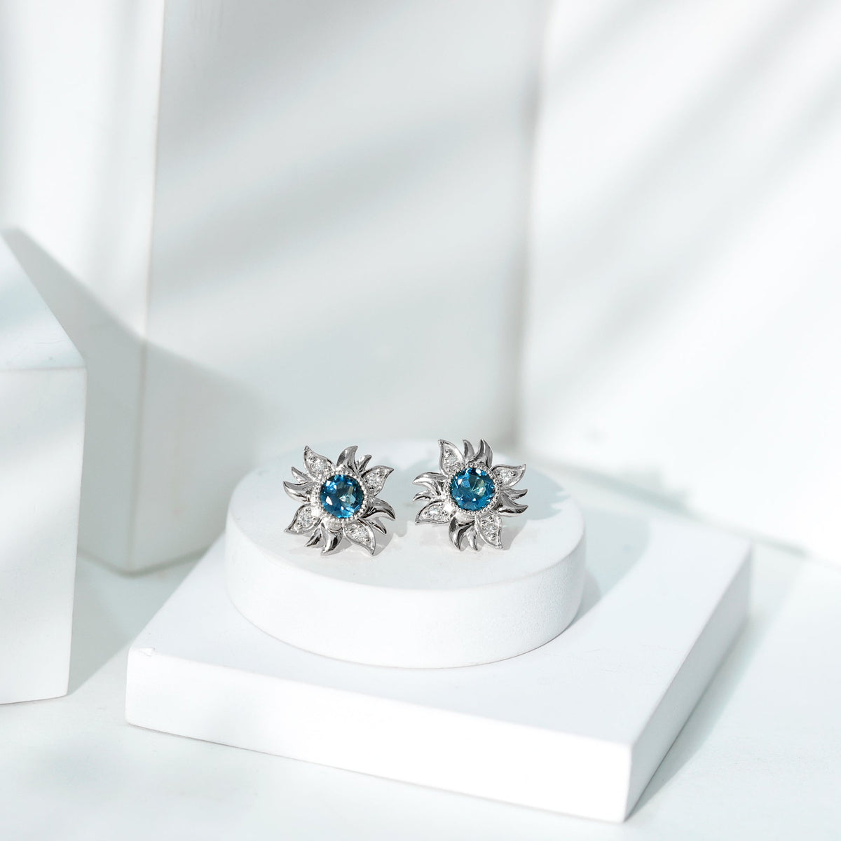 London Blue Topaz and Diamond Flower Stud Earrings