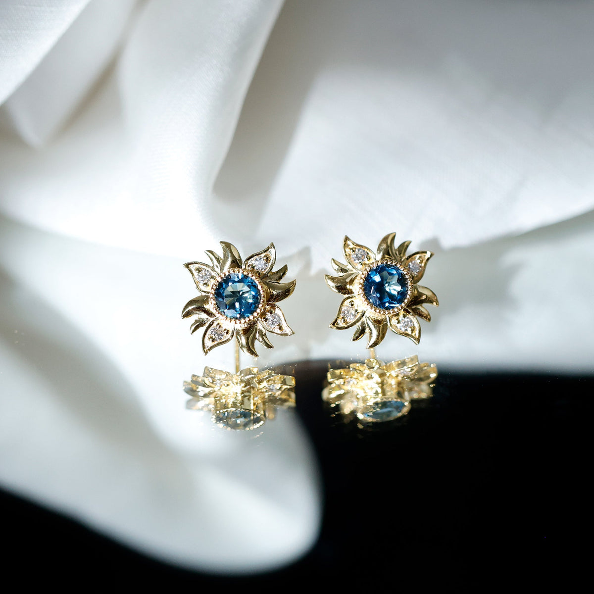 London Blue Topaz and Diamond Flower Stud Earrings
