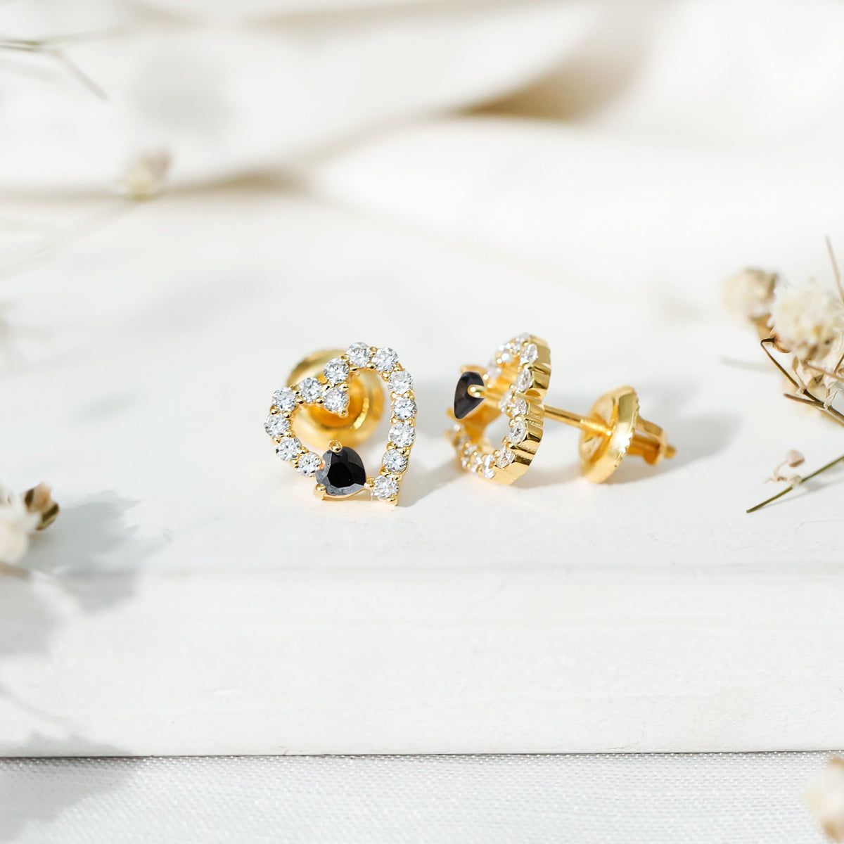 Lab Created Black and White Diamond Heart Stud Earrings in Silver