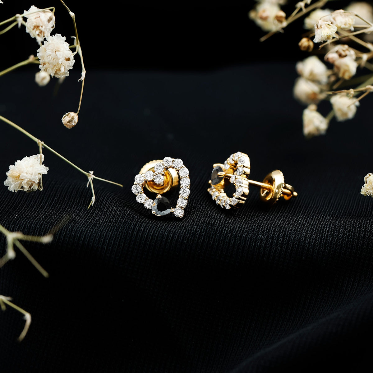 Lab Created Black and White Diamond Heart Stud Earrings in Silver