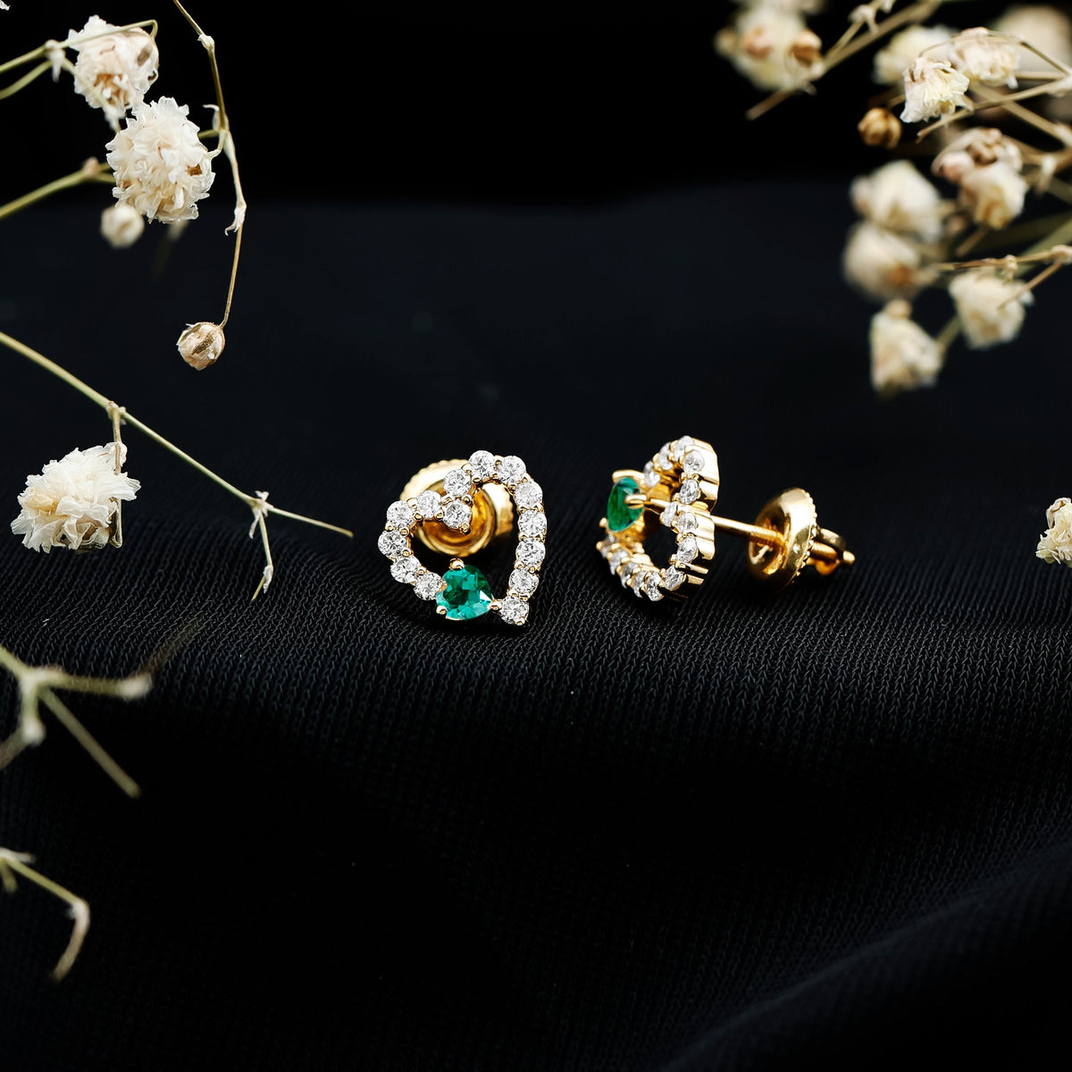 Lab Grown Emerald and Diamond Heart Stud Earrings in Yellow Gold Plated Silver