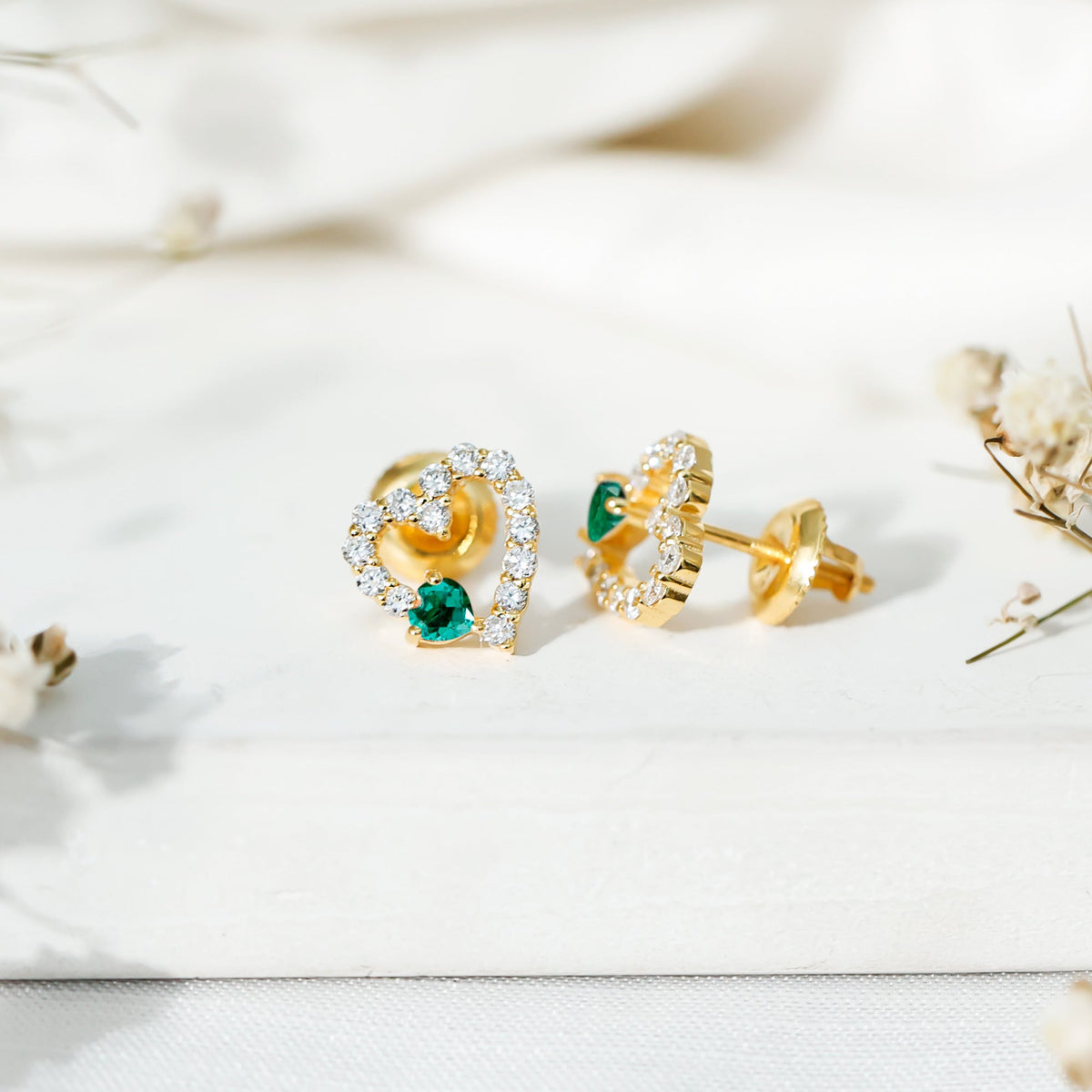 Lab Grown Emerald and Diamond Heart Stud Earrings in Yellow Gold Plated Silver