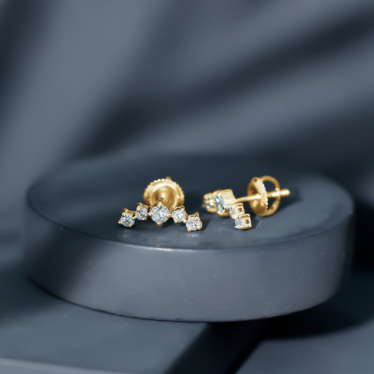 Round Diamond Curved Crawler Stud Earrings with Screw Backs