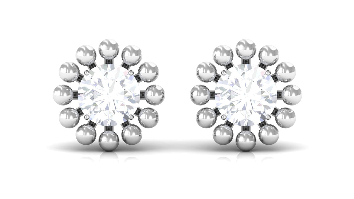 Natural Diamond Solitaire Stud Earrings with Beaded Detailing