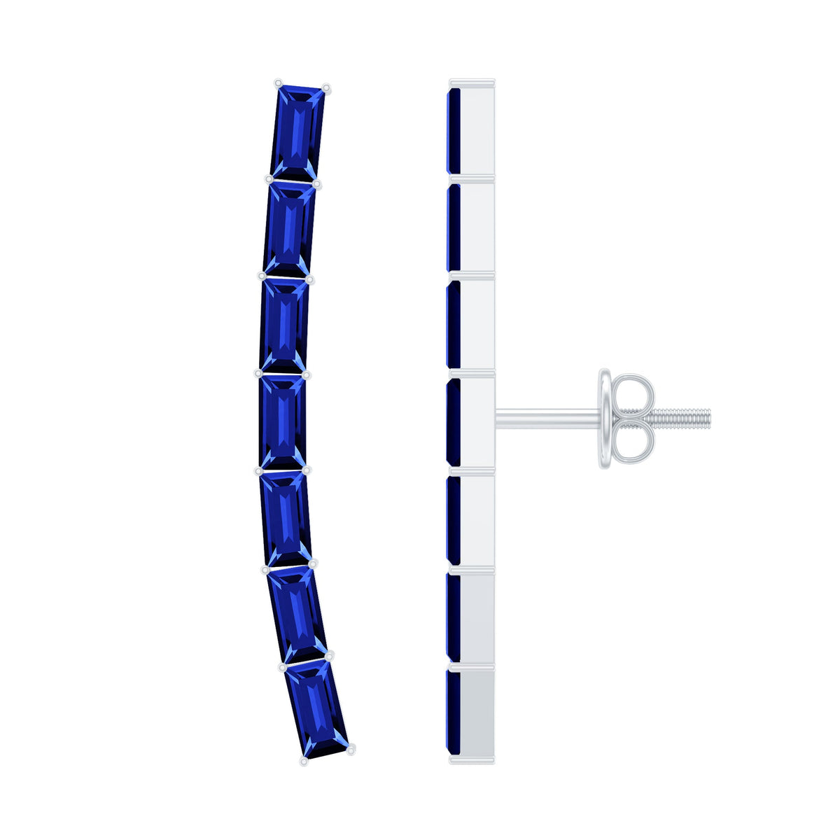 Baguette Cut Lab Grown Blue Sapphire Climber Earrings