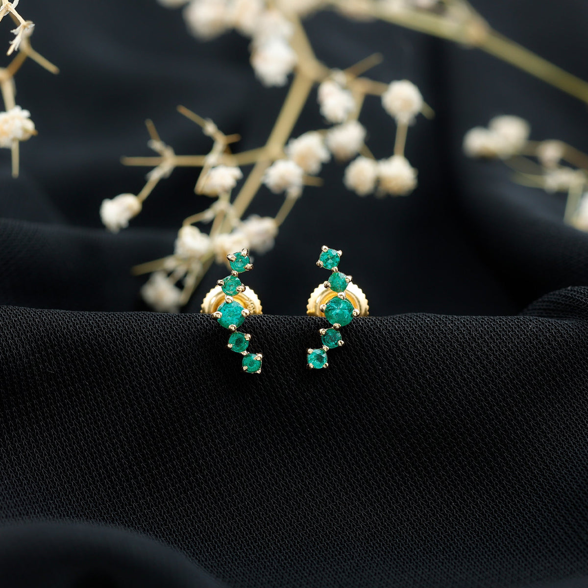 Graduated Natural Emerald Ear Climber Earrings for Women