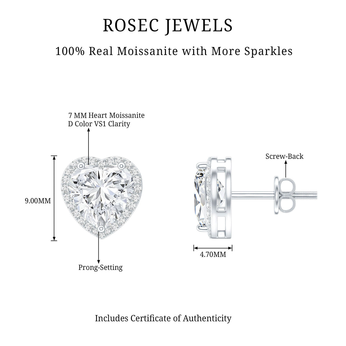 Certified 3 Carat Heart Moissanite Halo Stud Earrings