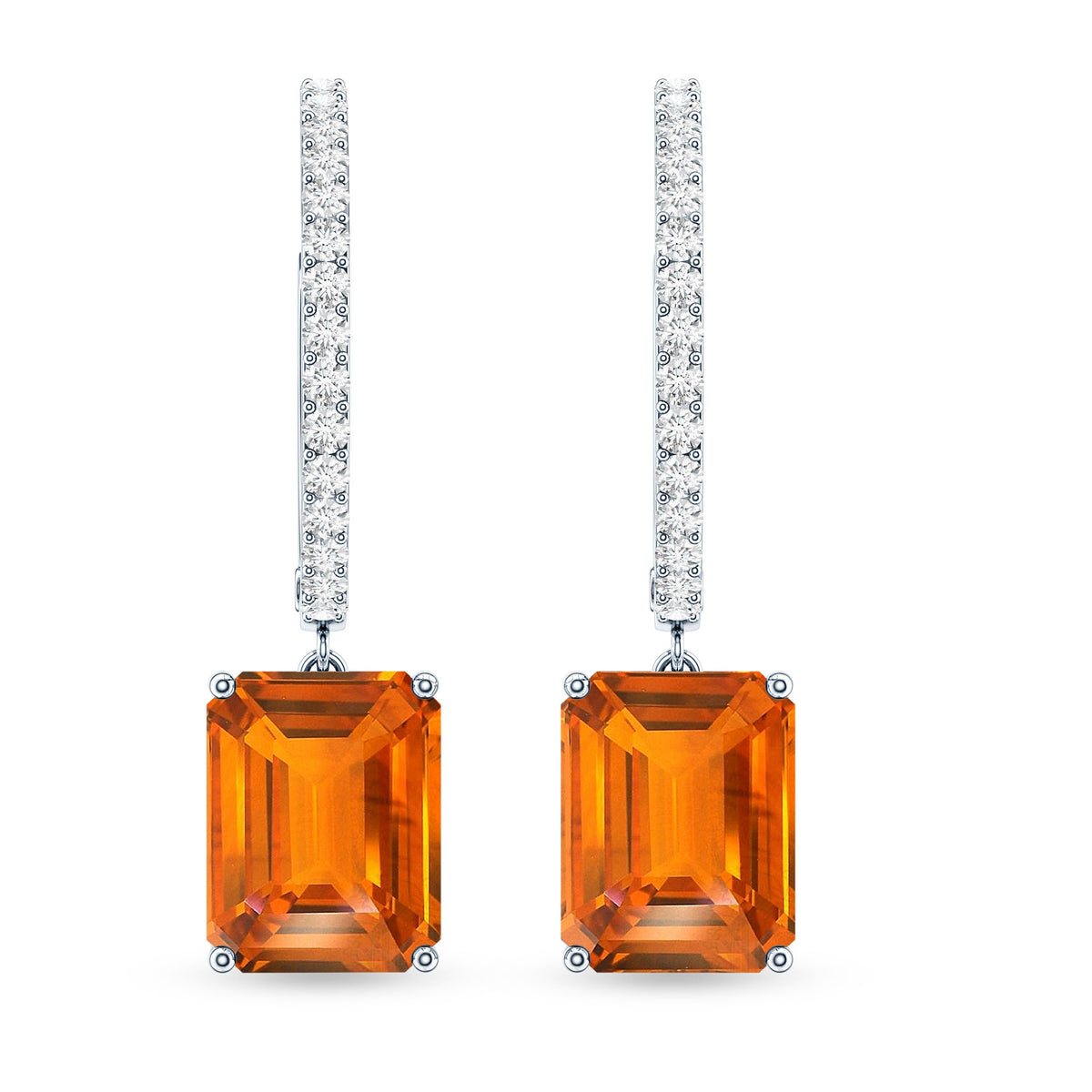 Emerald Cut Lab Grown Orange Sapphire Drop Hoop Earrings with Diamond