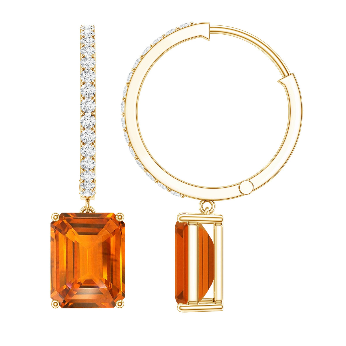 Emerald Cut Lab Grown Orange Sapphire Drop Hoop Earrings with Diamond
