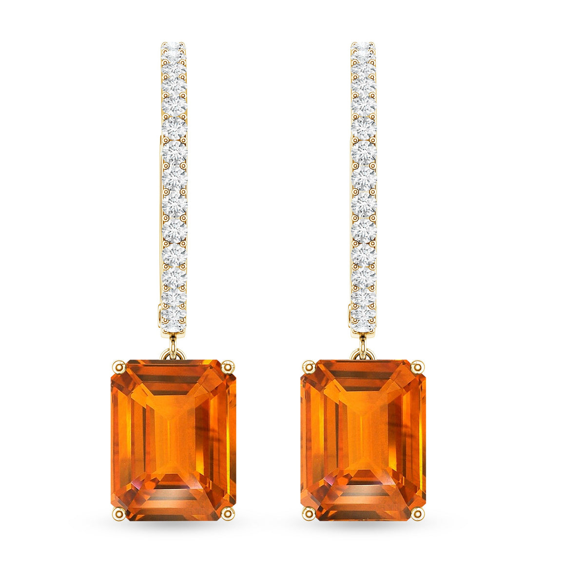 Emerald Cut Lab Grown Orange Sapphire Drop Hoop Earrings with Diamond