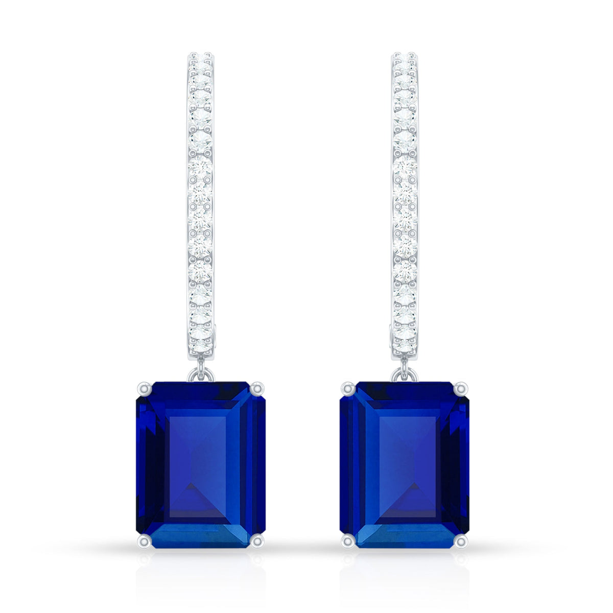 Emerald Cut Lab Created Blue Sapphire and Diamond Hoop Drop Earrings