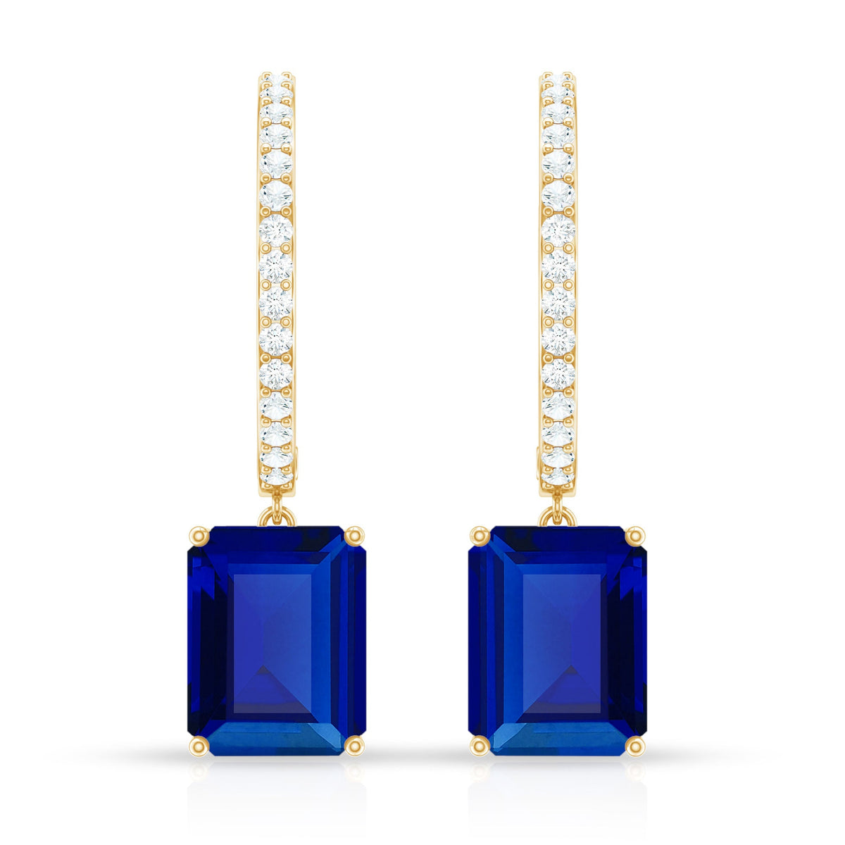 Emerald Cut Lab Created Blue Sapphire and Diamond Hoop Drop Earrings