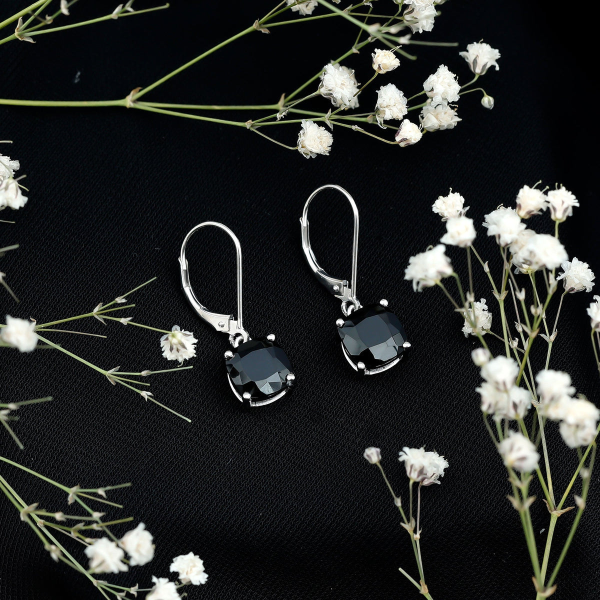 Genuine 4.2 Carat Cushion Cut Black Spinel Drop Earrings Lever Back
