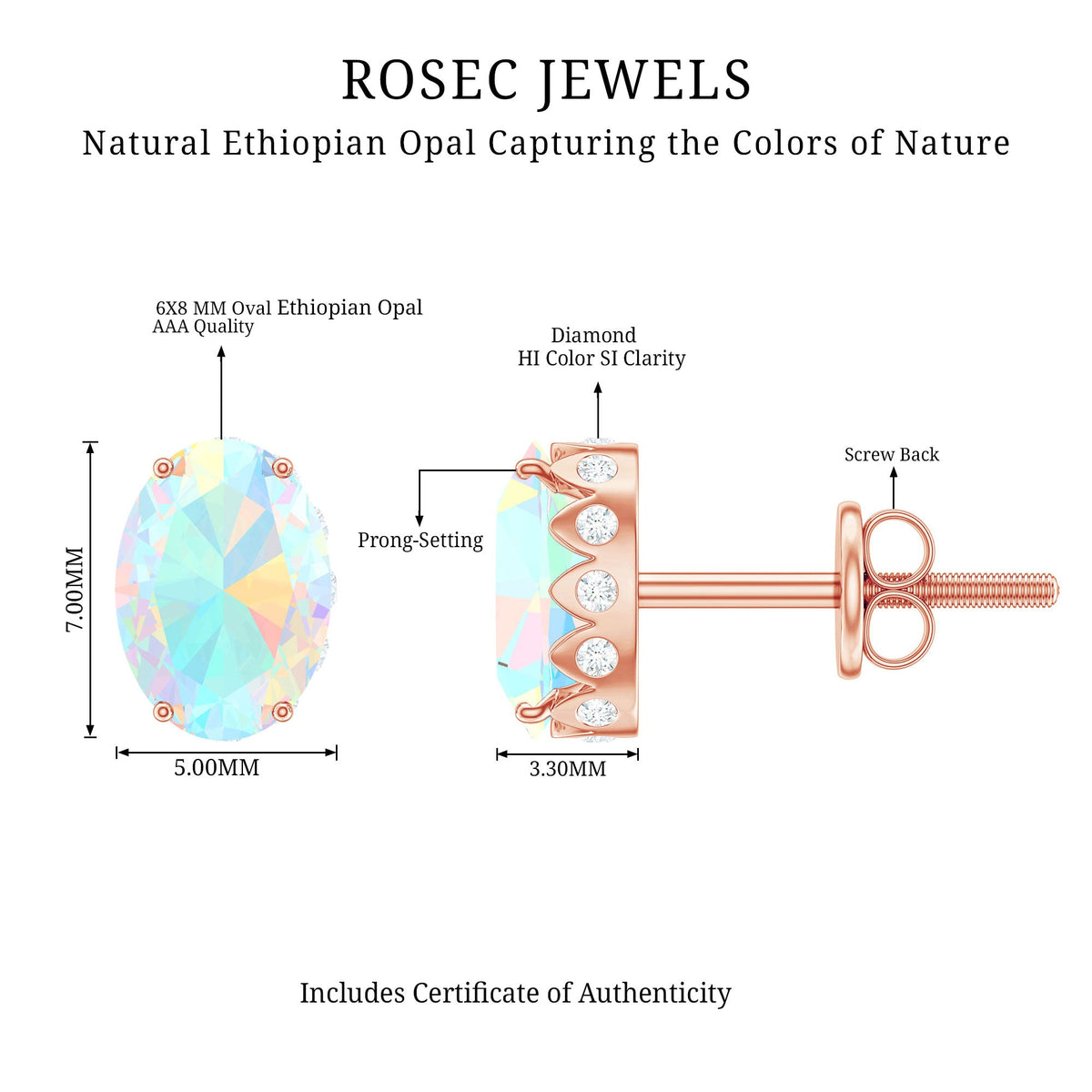Natural 2.4 Carat Oval Ethiopian Opal Classic Stud Earrings with Diamond