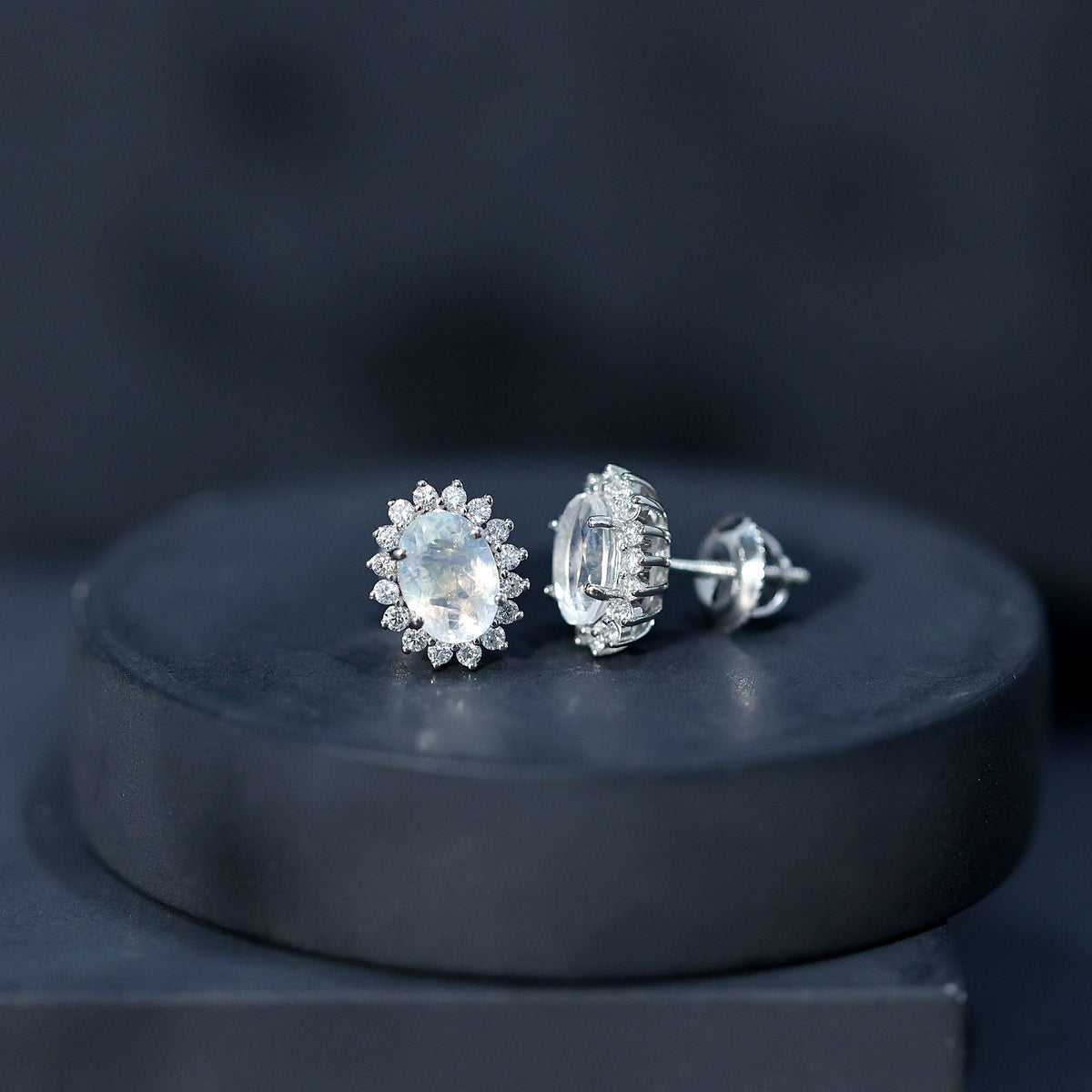 Genuine 2 Carat Moonstone and Diamond Halo Stud Earrings