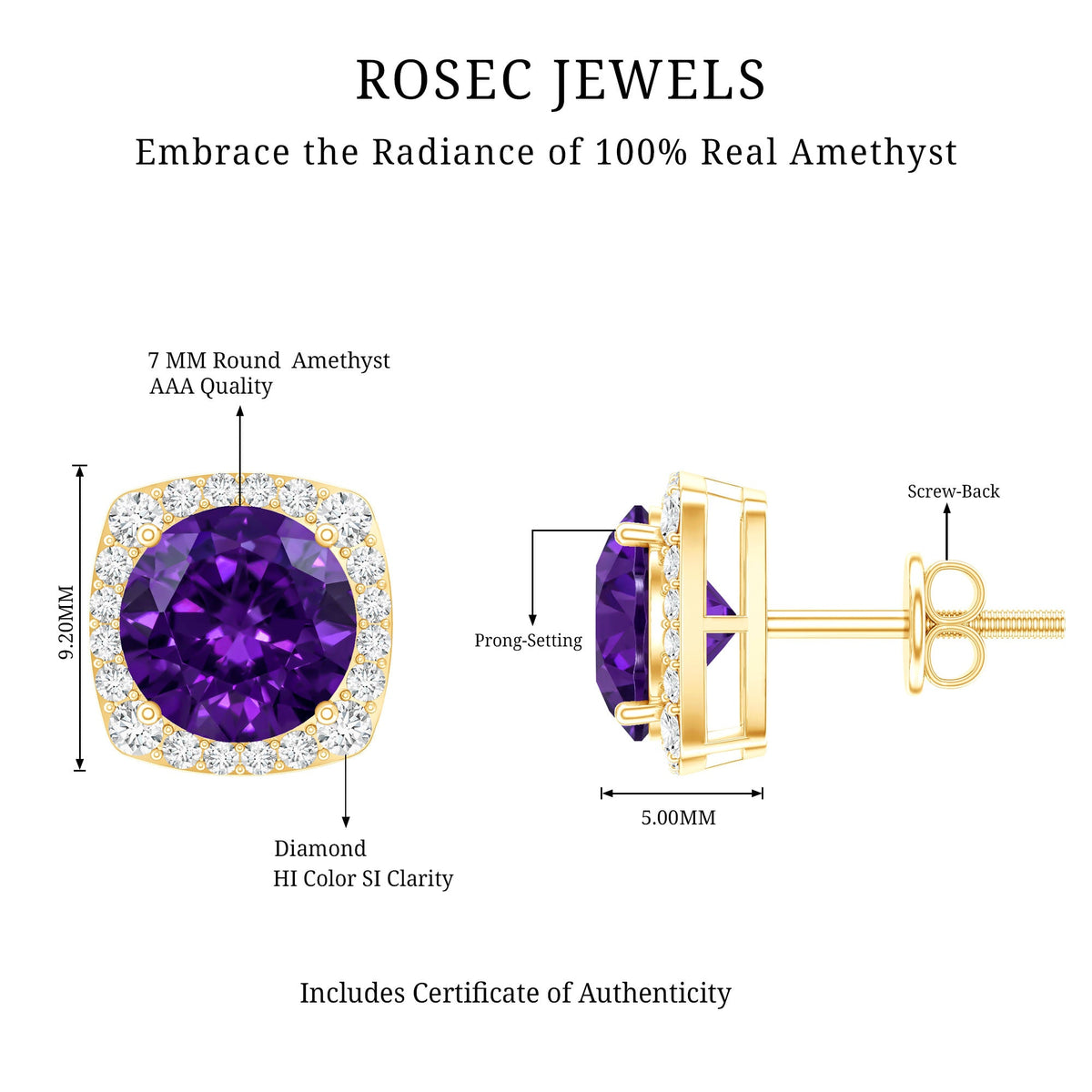 Classic Round Amethyst Halo Stud Earrings with Diamond