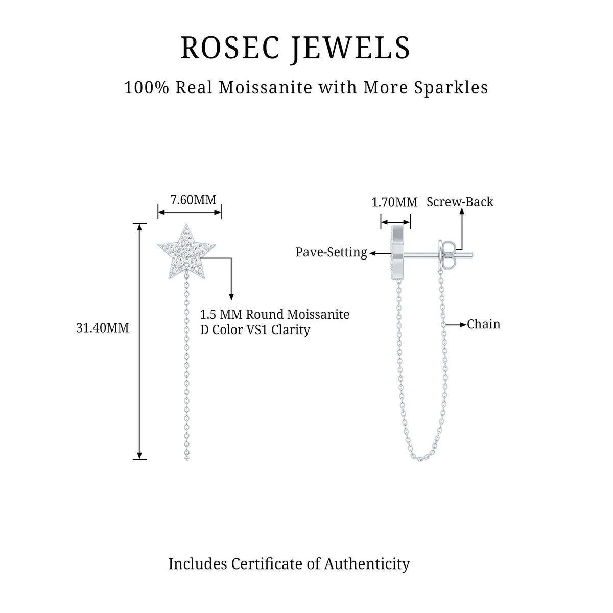 Certified Moissanite Star Chain Earrings For Women