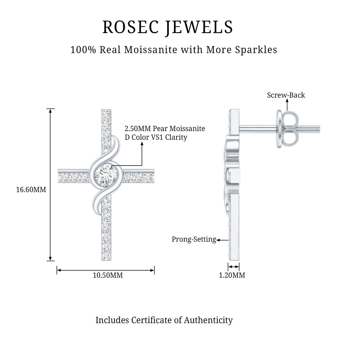 Certified Moissanite Cross Stud Earrings in Silver