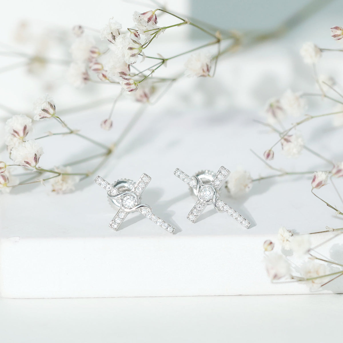 Certified Moissanite Cross Stud Earrings in Silver