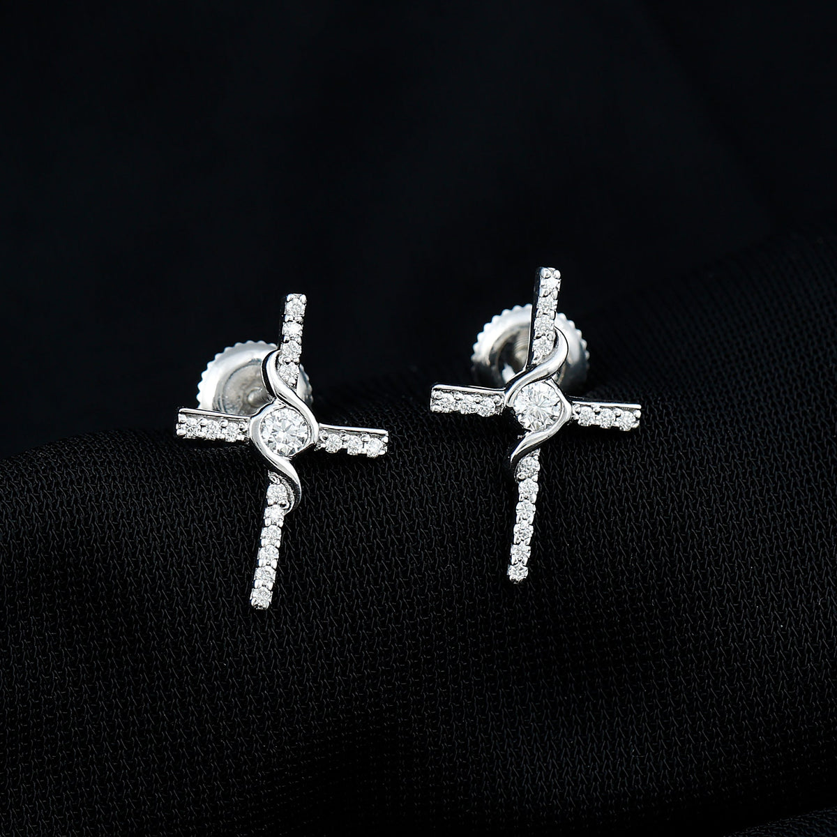 Certified Moissanite Cross Stud Earrings in Silver
