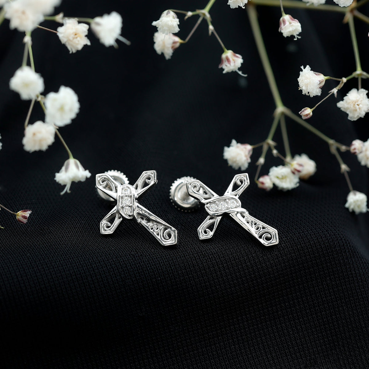 Certified Moissanite Vintage Cross Stud Earrings in Silver
