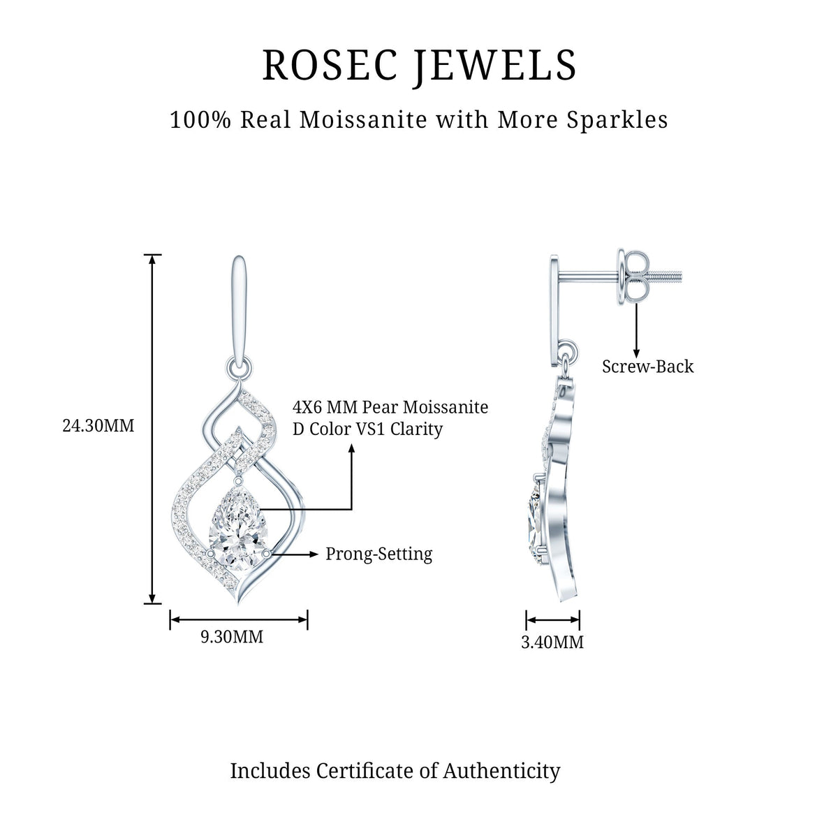 Certified 1 Carat Pear Shaped Moissanite Dangle Earrings for Wedding