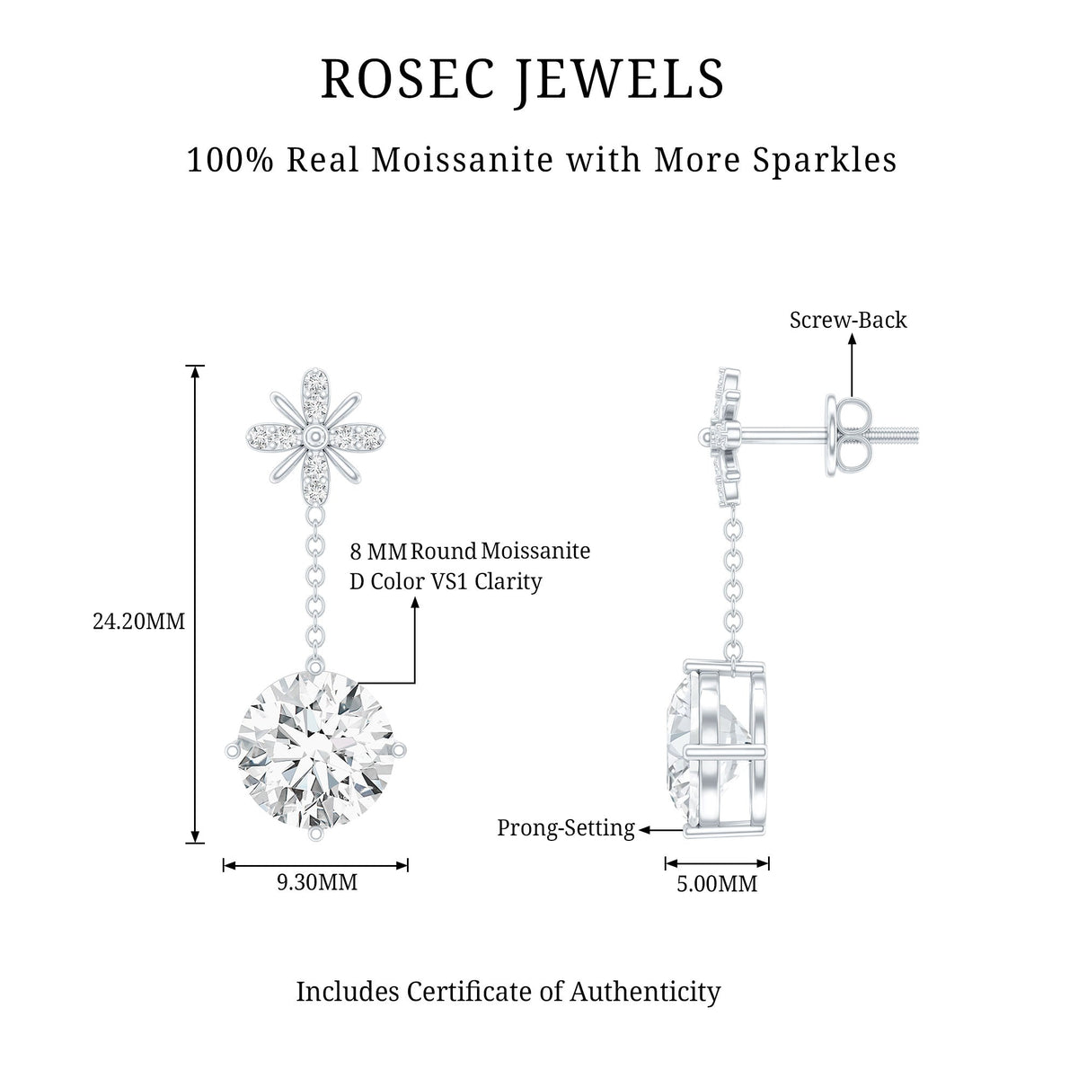 Floral Inspired 4.2 Carat Moissanite Dangling Earrings in Silver