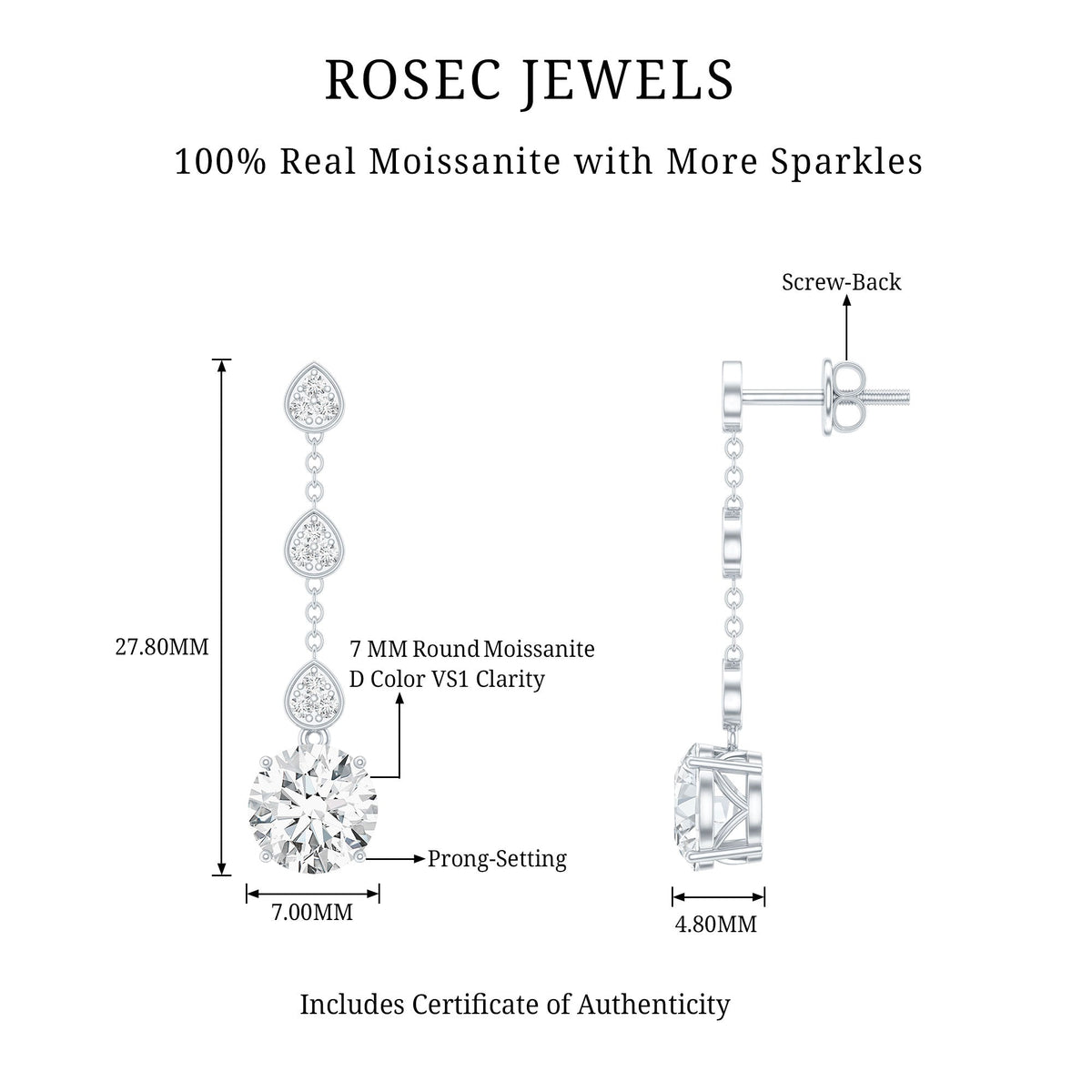 Certified 2.7 Carat Moissanite Dangling Earrings in Silver