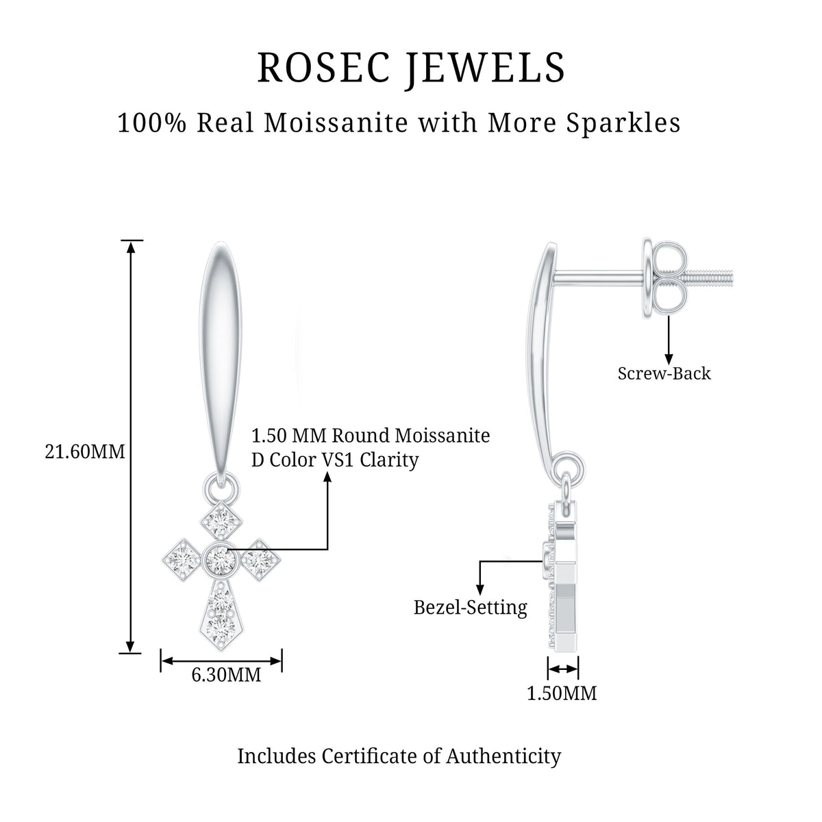 Minimalist Moissanite Cross Drop Earrings in Sterling Silver