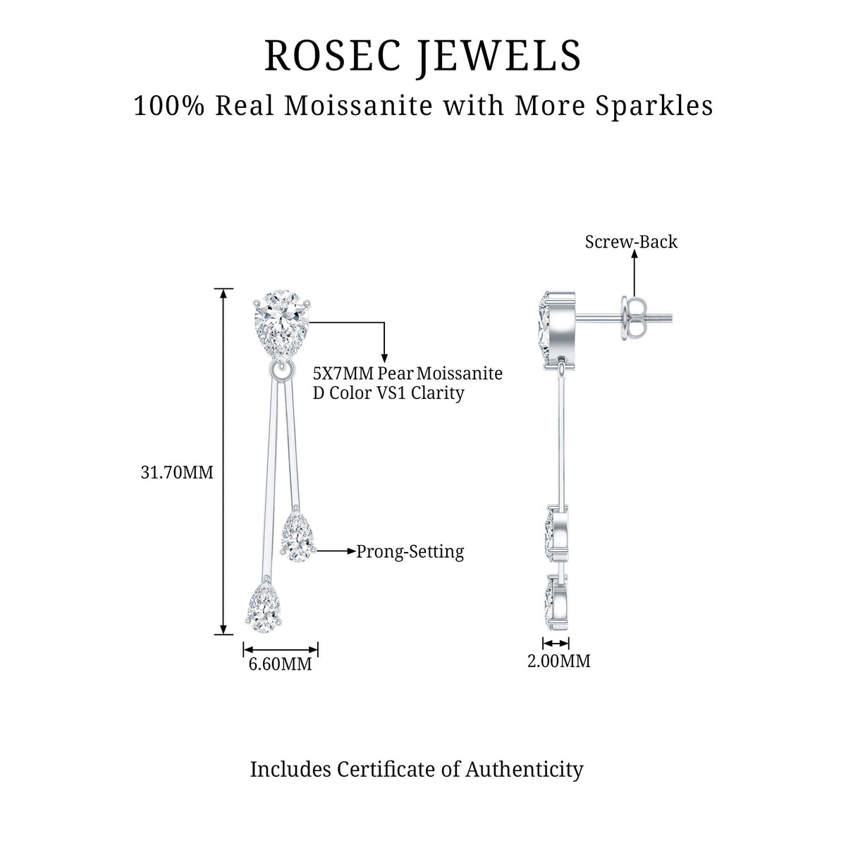Certified Moissanite Bar Dangle Earrings in Sterling Silver