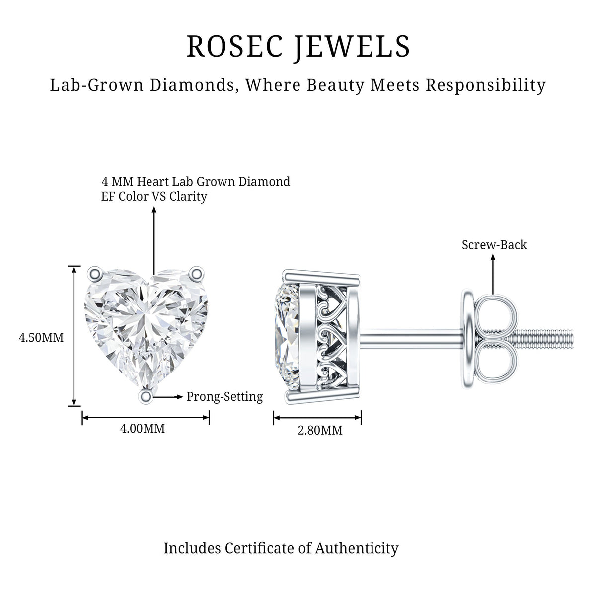 Certified Real Diamond Heart Shaped Earrings with Screw Back