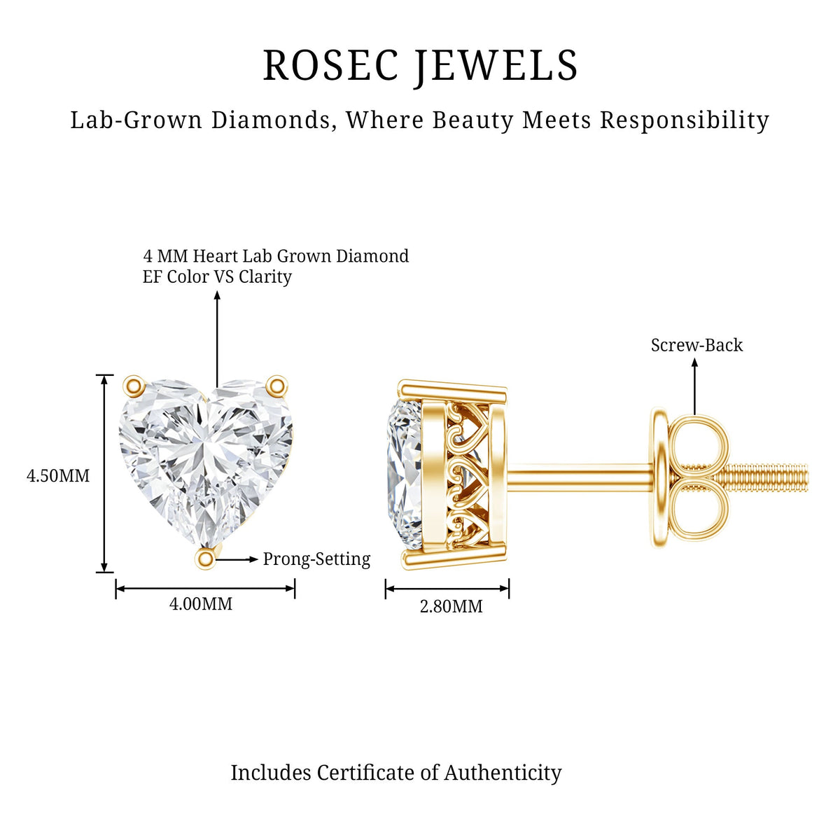 Certified Real Diamond Heart Shaped Earrings with Screw Back