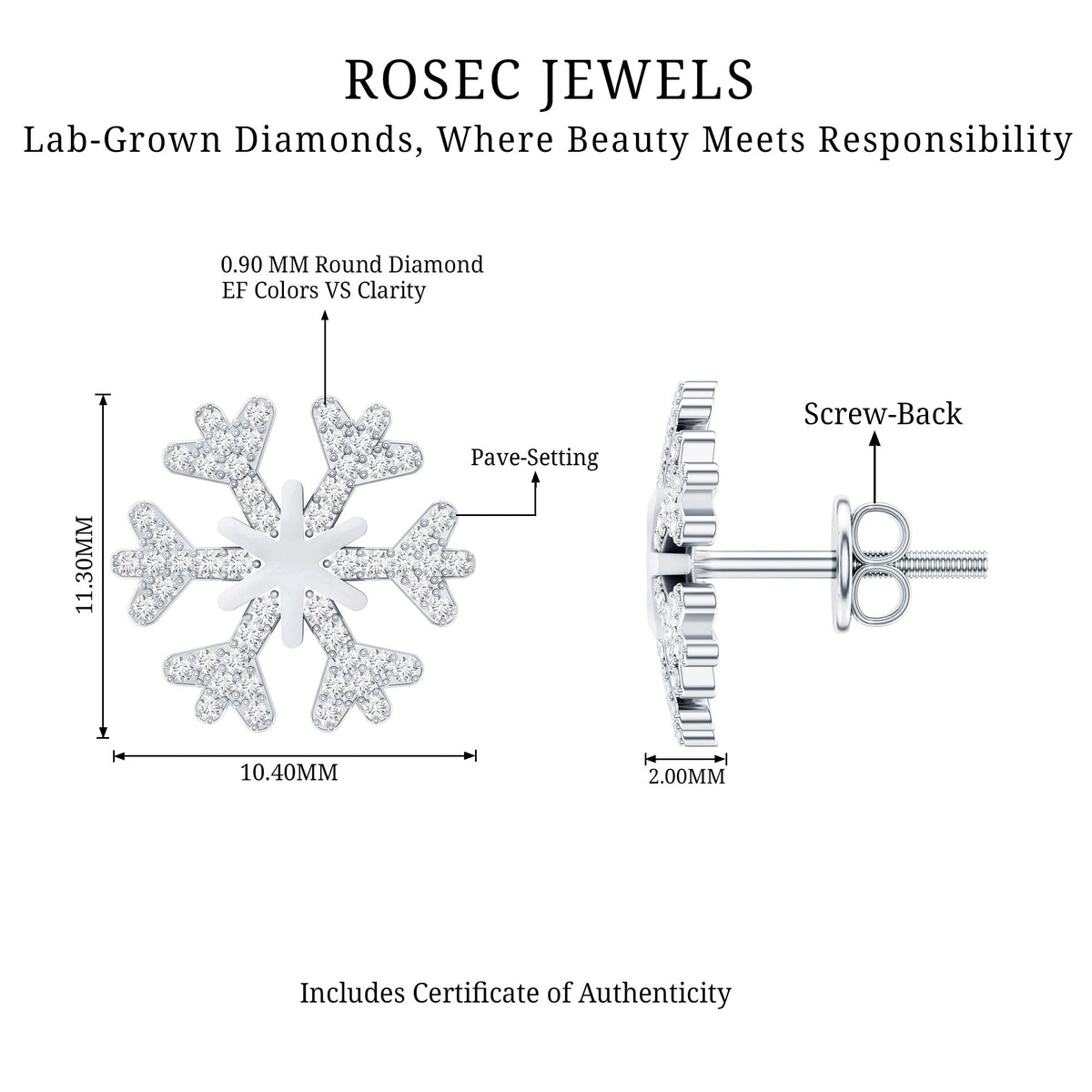 Natural Diamond Snowflake Earrings with Screw Back