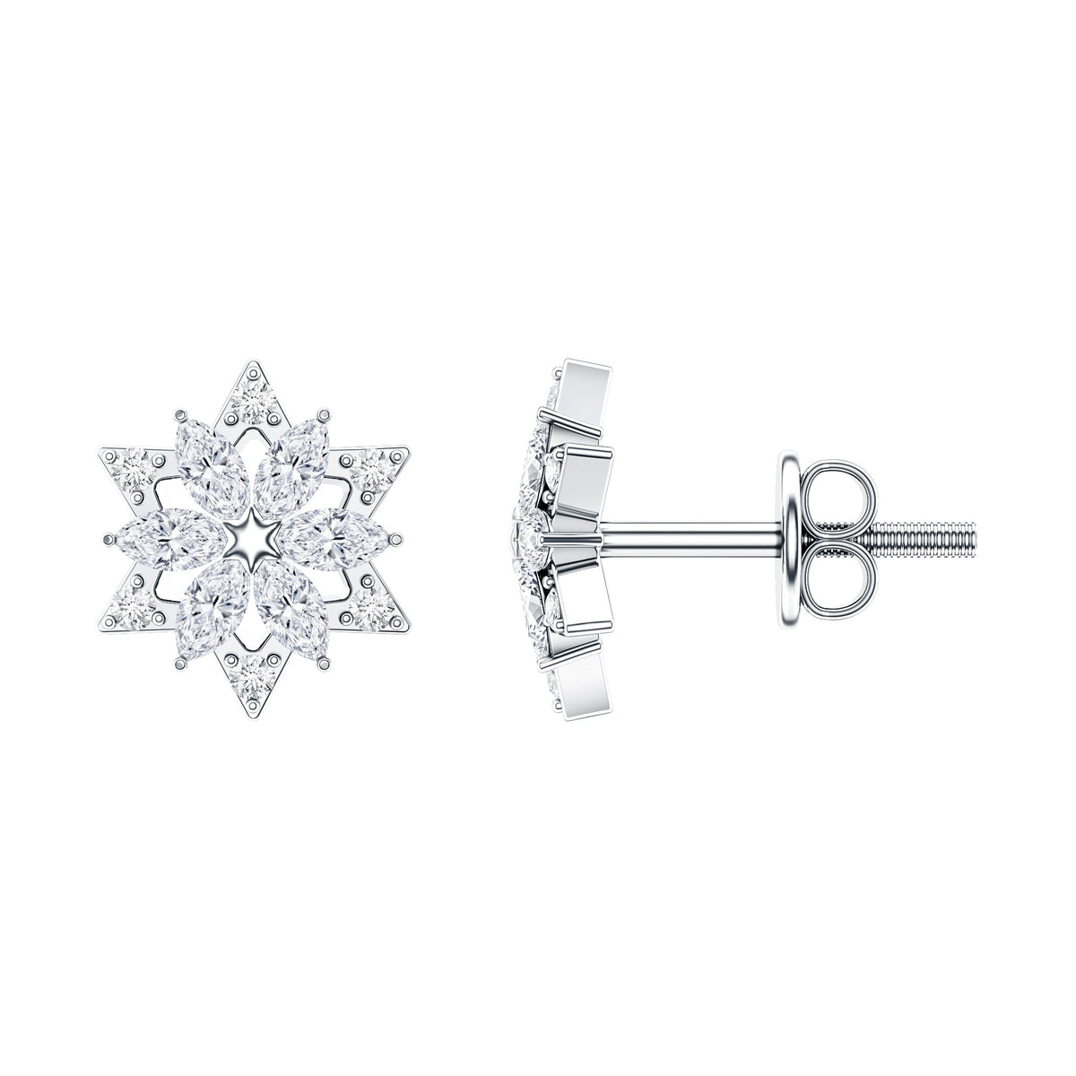 Round Diamond Flower Stud Earrings With Screw Back