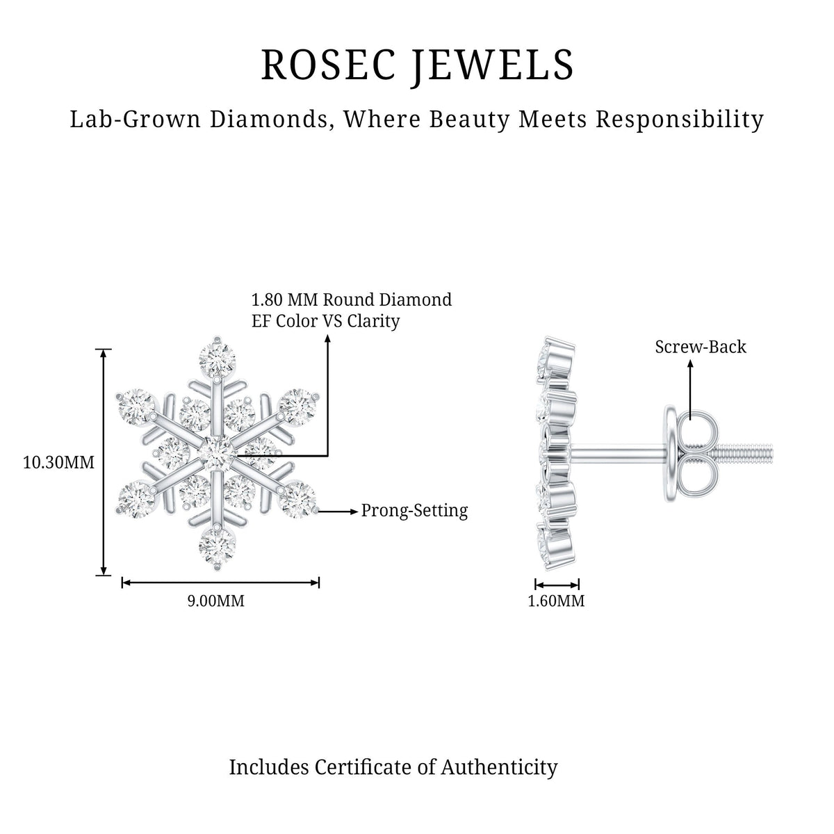Certified Diamond Snowflake Stud Earrings with Screw Back