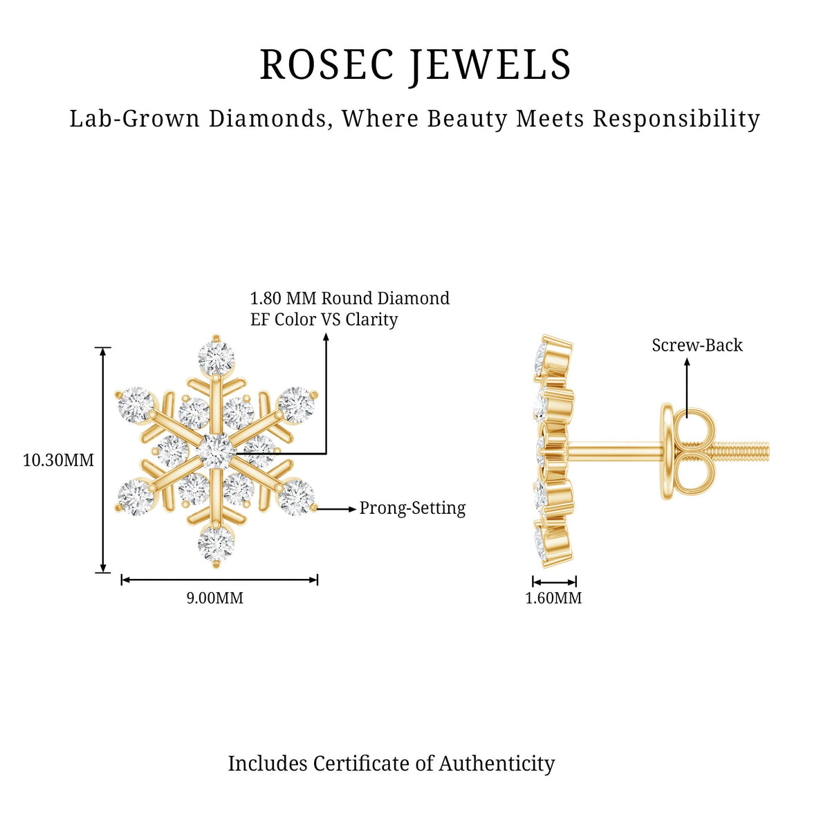 Certified Diamond Snowflake Stud Earrings with Screw Back