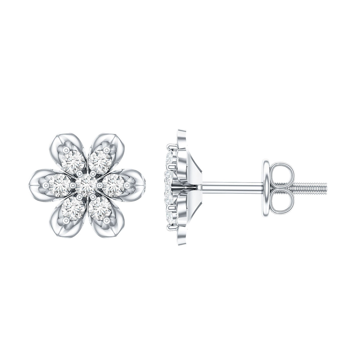 Brilliant Cut Diamond Flower Stud Earrings with Screw Back