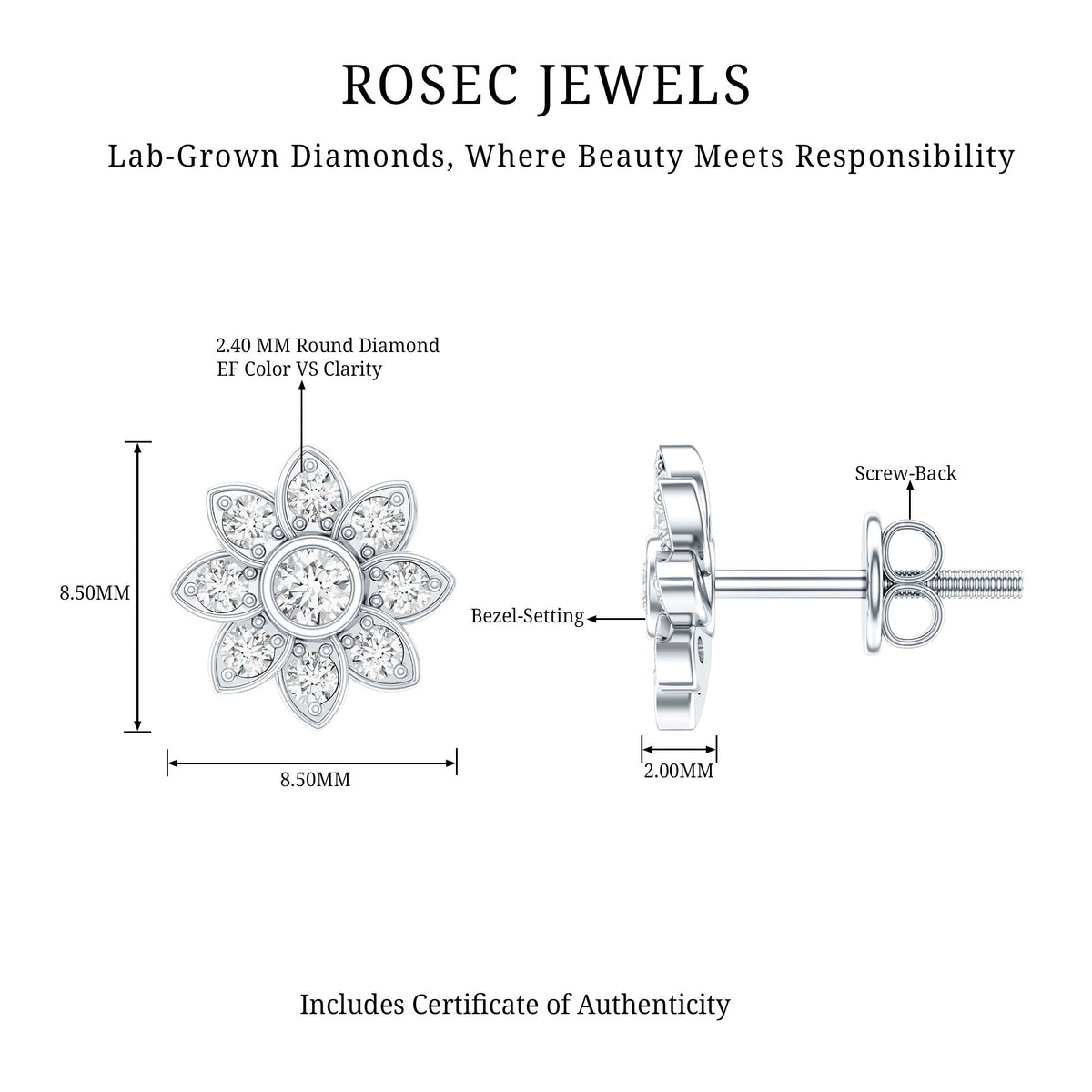 Diamond Flower Stud Earrings With Screw Back
