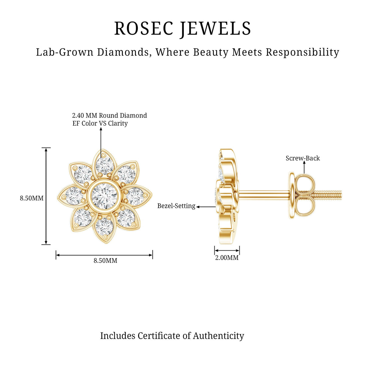 Diamond Flower Stud Earrings With Screw Back