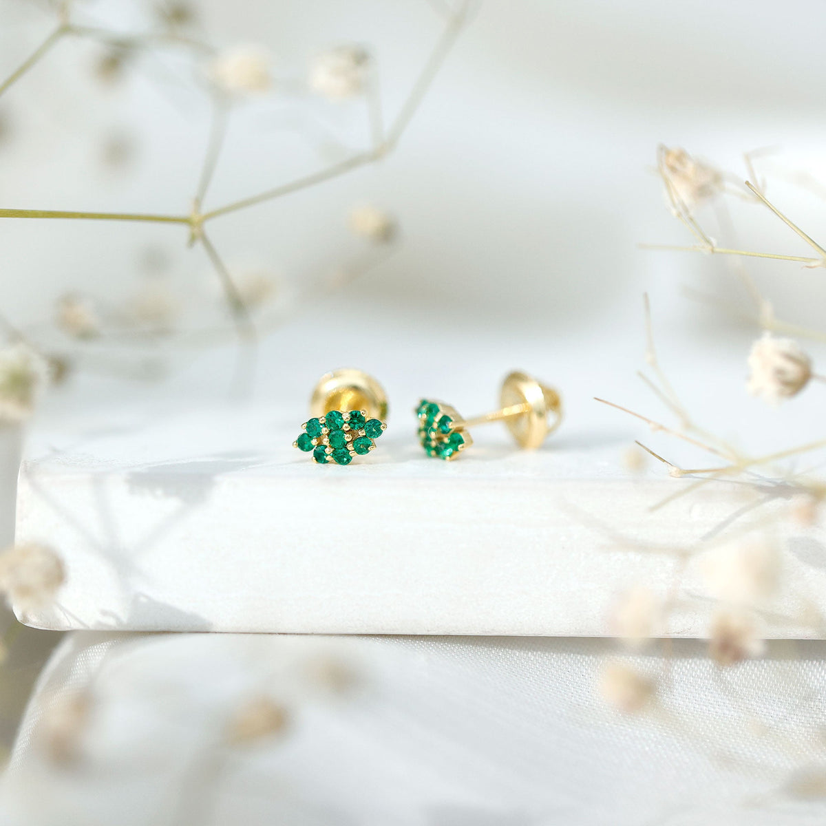 Lab Grown Emerald Stud Earrings in Yellow Gold Plated Silver