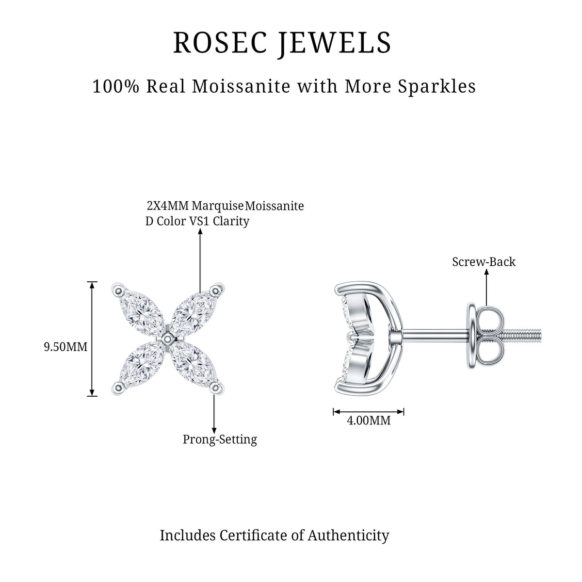 Marquise Shape Moissanite Flower Stud Earrings