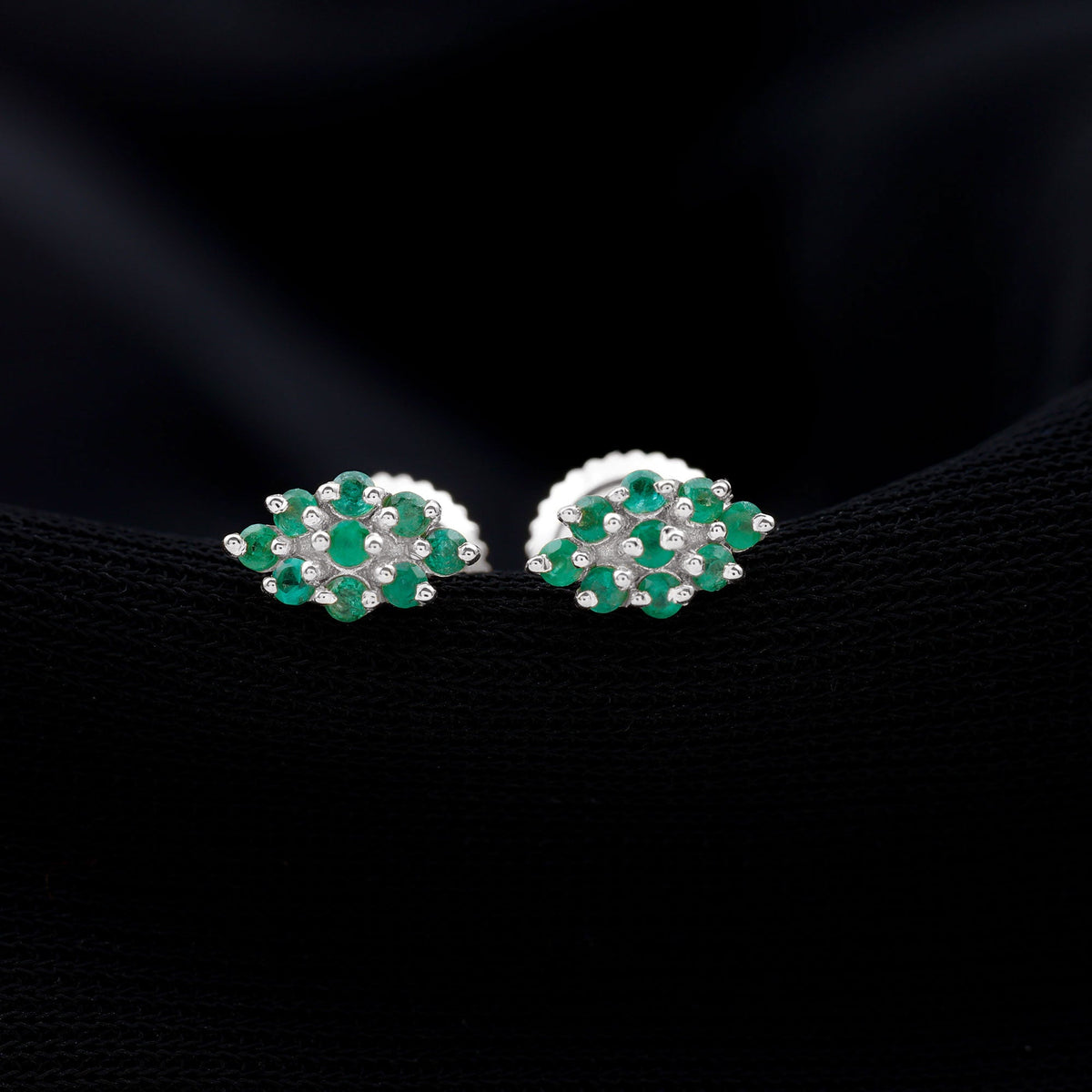 Natural Round Emerald Cluster Stud Earrings With Screw Back