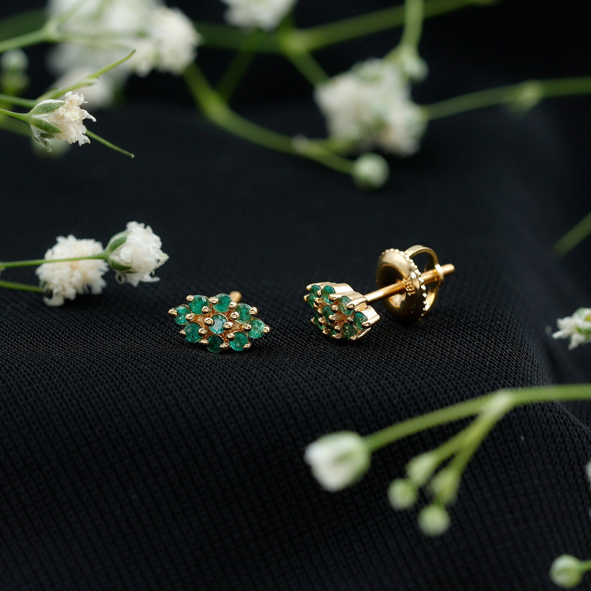 Natural Round Emerald Cluster Stud Earrings With Screw Back