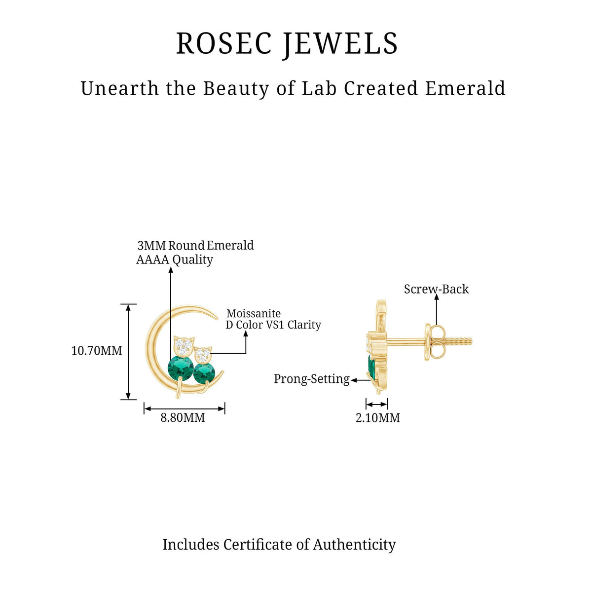Lab Created Emerald Cat and Moon Stud Earrings