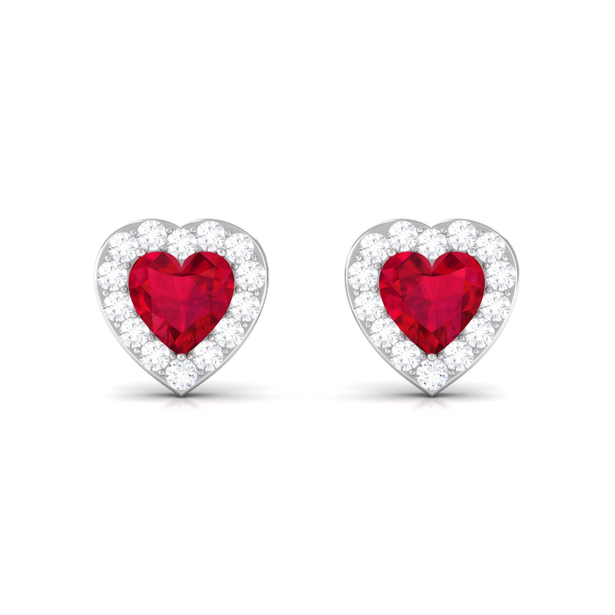 Heart Shape Lab Grown Ruby Halo Stud Earrings with Diamond