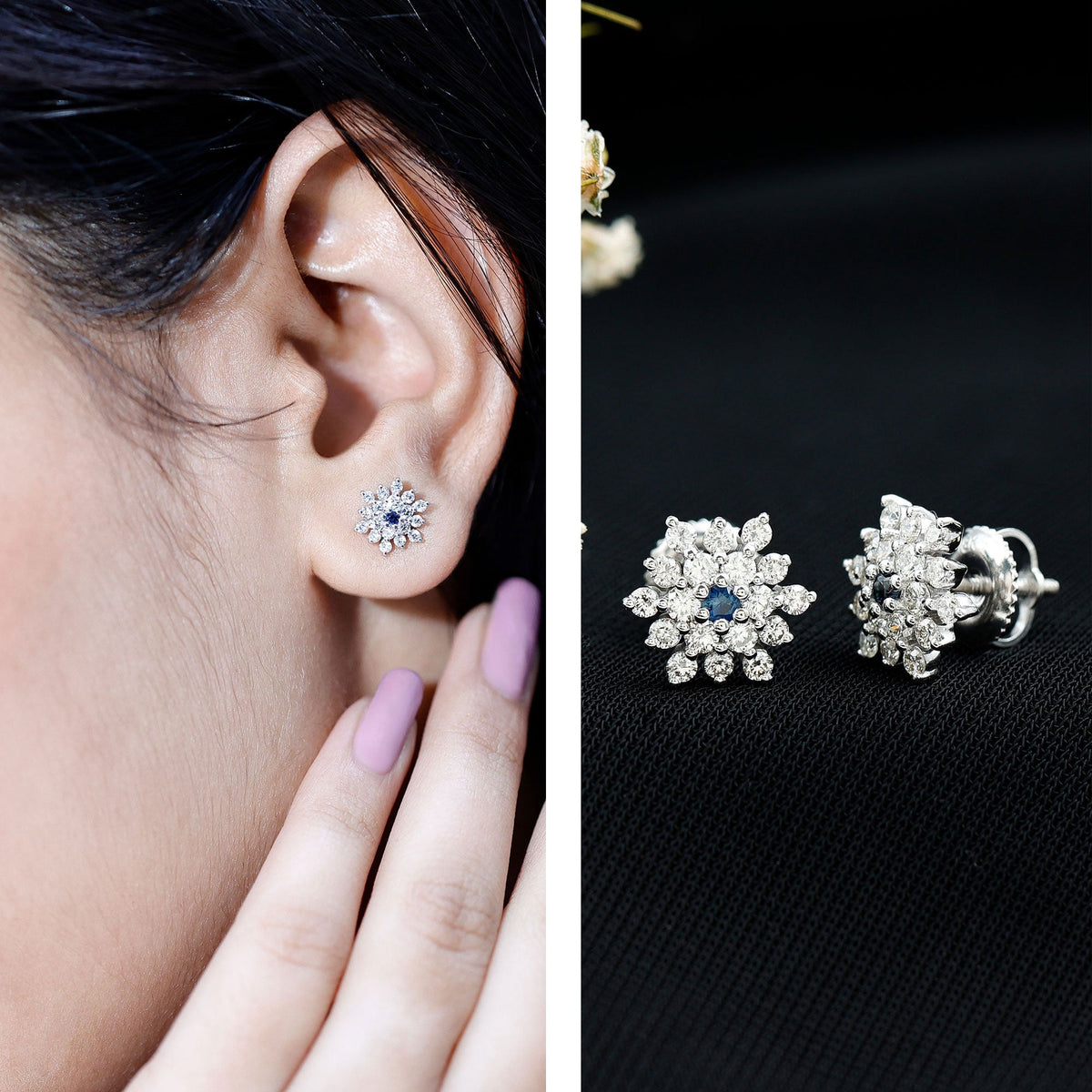 Created Blue Sapphire and Moissanite Cluster Statement Stud Earrings