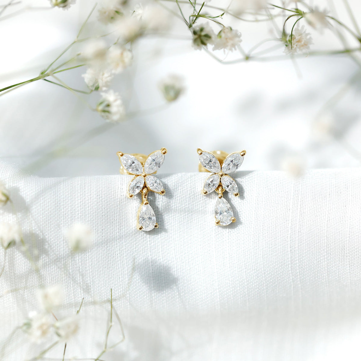 Marquise and Pear Cut Moissanite Flower Drop Earrings
