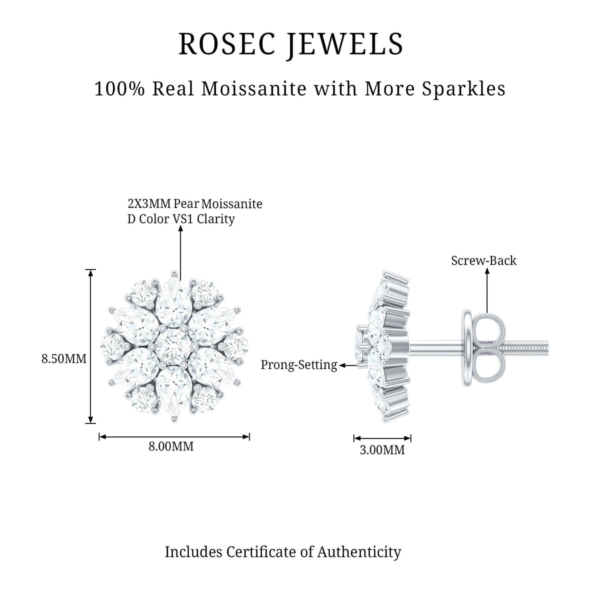 Certified Moissanite Flower Stud Earrings with Screw Back